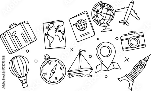 Hand-drawn outline set of travel and adventure icons including a suitcase, map, passport, globe, airplane, camera, hot air balloon, compass, sailboat, location pin, and Big Ben.