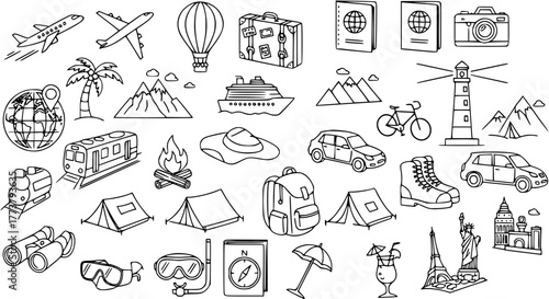 Black and White Doodle Style Travel and Adventure Icons Set. Hand Drawn Vacation, Tourism, and Outdoor Activity Symbols Collection.