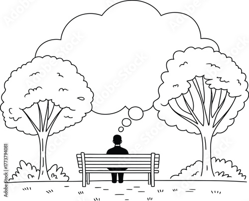 Man Sitting on a Bench Thinking with a Thought Bubble