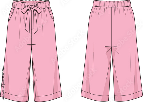 Women's culotte pants technical sketch, wide leg cropped trousers, elastic waist, bow tie detail, cad drawing flat vector illustration