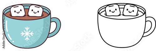 Cute Cartoon Hot Chocolate Mug with Smiling Marshmallows and Snowflake Design, Winter Drink Vector Illustration.