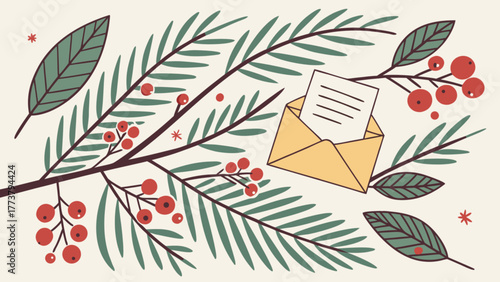 A cozy winter scene featuring an envelope nestled among pine branches and berries, ideal for holiday cards and seasonal greetings
