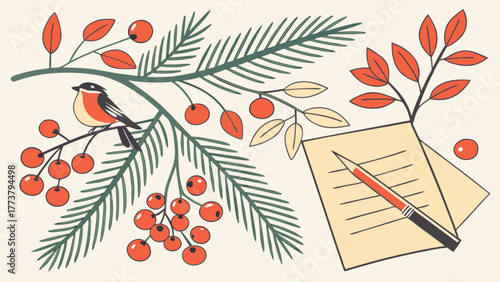 A cozy winter scene with a robin perched on a branch with red berries, a sprig of leaves, and a letter with a pen, creating a warm and inviting atmosphere