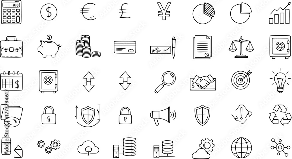 Fototapeta premium Hand-drawn finance, business, data, and security icons set. Includes money, analytics, storage, network, and protection symbols.