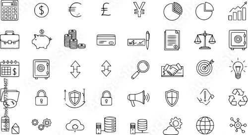 Hand-drawn finance, business, data, and security icons set. Includes money, analytics, storage, network, and protection symbols.