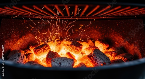 Glowing charcoal briquettes in grill with sparks flying