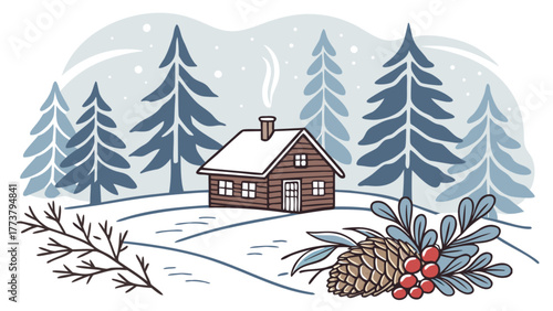 A cozy cabin nestled in a snowy forest, smoke rising from the chimney, surrounded by tall fir trees and winter foliage, a serene winter scene