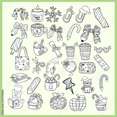 Cute Christmas School Supplies Elements Collection Back to School Christmas Icon Cartoon Hand Drawn Set