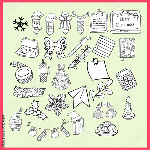 Cute Christmas School Supplies Elements Collection Back to School Christmas Icon Cartoon Hand Drawn Set