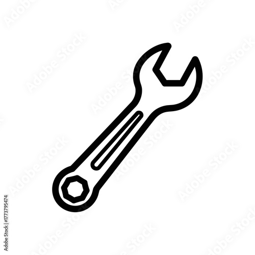 Simple Line Art Illustration of a Metal Combination Wrench Tool.