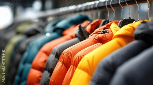 Elegant photo of row of colorful puffer jackets hanging on a clothing rack.