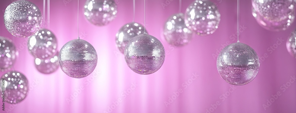 Obraz premium Disco balls sparkle and shine under colorful lights in a festive celebration reminiscent of vibrant dance floors from the past