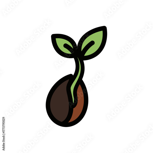 Sprouting Seedling with Green Leaves and Brown Seed Coat, Black Outline.