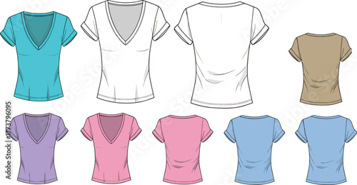 V-neck short sleeve women’s t-shirt back and front view, color range, fashion mockup, casual style, cad drawing flat vector illustration