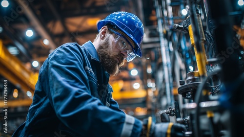 Bearded factory worker in blue hard hat inspecting machinery and wearing safety glasses, concept for quality control, mechanical engineering and industrial innovation