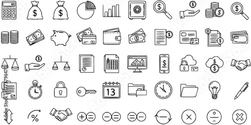 Finance, Business, and Office Icons Set - Hand-drawn Doodle Style Line Art Vector Collection
