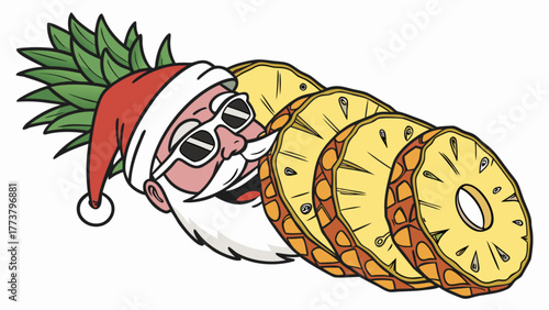Santa claus with sunglasses emerging from a pineapple, sliced into rings, creating a fun and festive tropical christmas illustration on