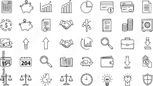 Business and Finance Outline Icons Set. Economy, Money, Management, Data Analytics, Growth, Security, Investment, and Time Line Pictograms Collection.