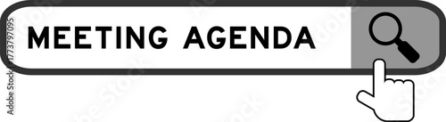 Search banner in word meeting agenda with hand over magnifier icon on white background