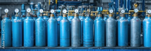 Elegant photo of row of blue industrial gas cylinders with pressure gauges.