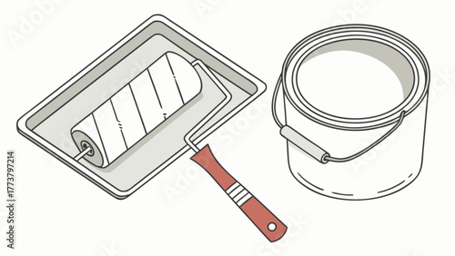 Paint roller and tray with a can of paint, essential tools for home improvement and renovation projects