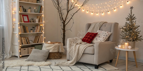 Cozy holiday living room decorated with lights and a small Christmas tree during winter