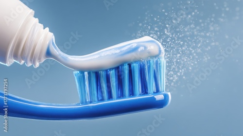 Elegant photo of closeup of toothpaste being squeezed onto a blue toothbrush.