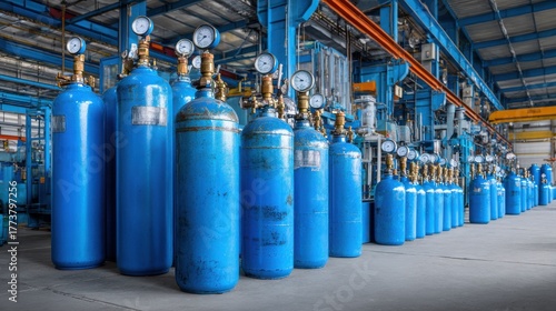 Elegant photo of industrial gas cylinders in a factory storage area.