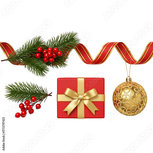 Festive christmas decorations with gift box and ornament