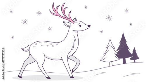 A charming winter scene featuring a deer with pink antlers amidst falling snowflakes and evergreen trees