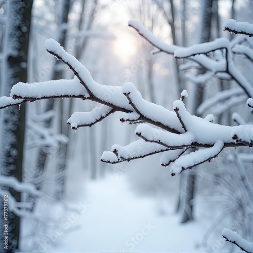Snow-covered branches in serene early winter forest with soft light