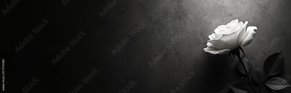 Fototapeta premium Single white rose rests on textured dark background. Delicate petals and leaves symbolise remembrance. Clean space awaits personal sentiment or quote.