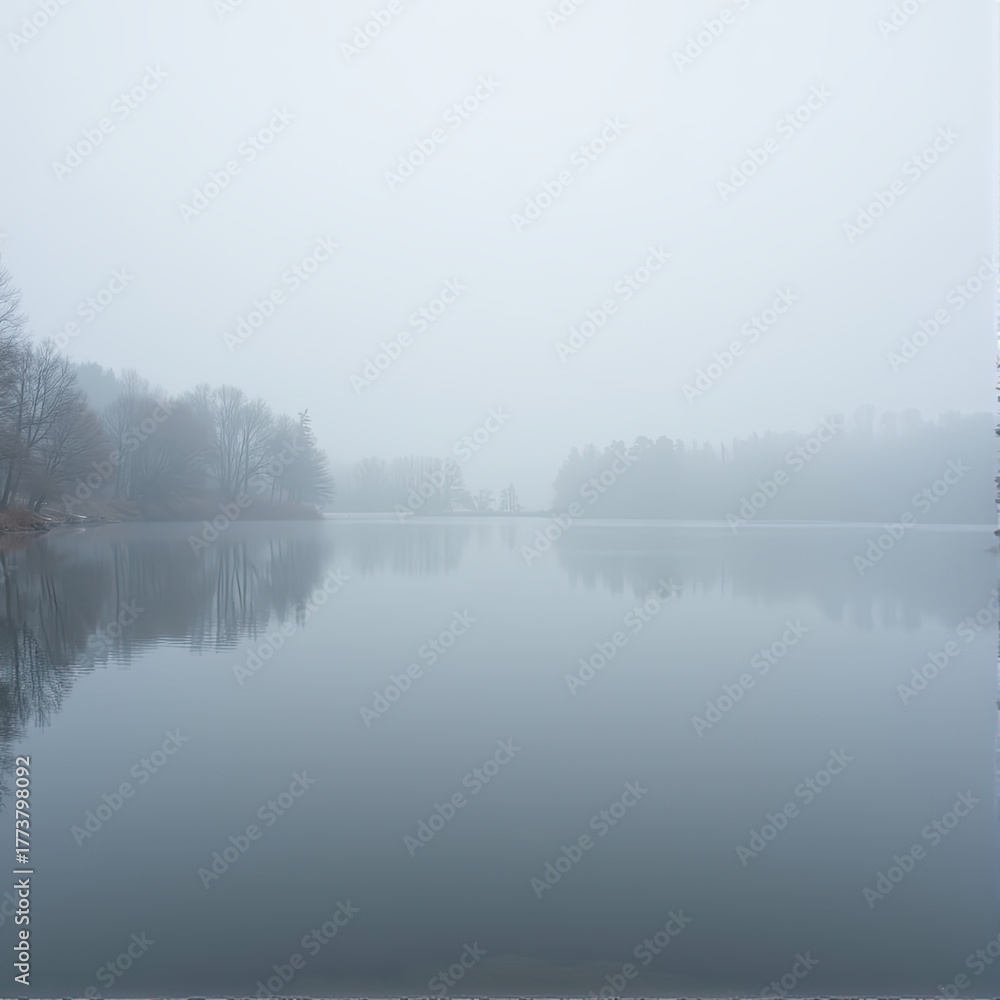 Fototapeta premium Foggy early winter lake with calm water and muted reflections