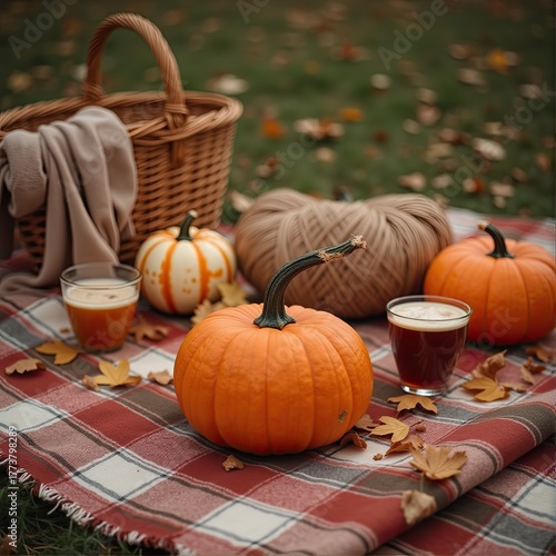 Autumn picnic with pumpkins, cozy blanket, and warm drinks outdoors