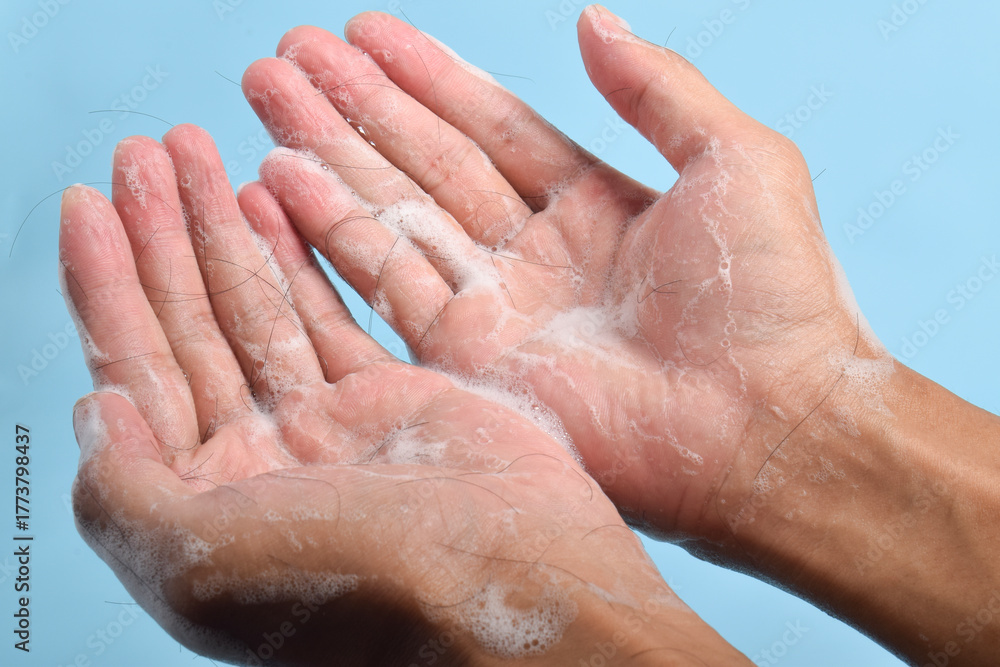 Fototapeta premium Close-up of hands covered in shampoo foam holding fallen hair strands on blue background, illustrating hair loss and hygiene concept.