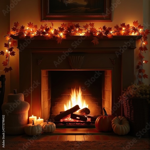 Warm cozy fireplace with autumn decorations and soft interior light