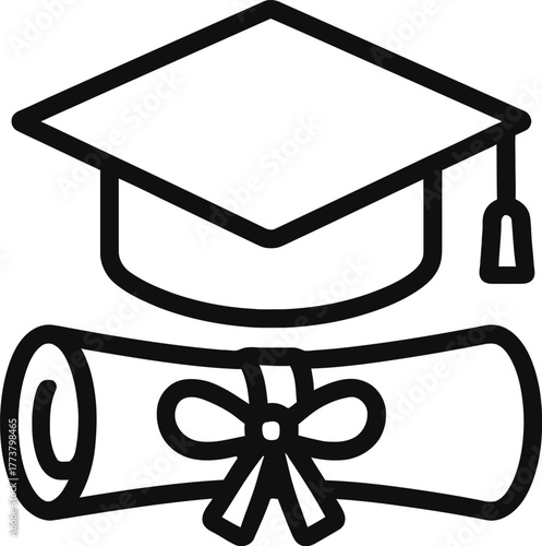 Graduation cap and diploma scroll representing academic achievement and educational success icon design
