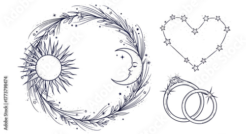 Celestial wedding vector elements with sun and moon wreath, starry rings, and constellation heart