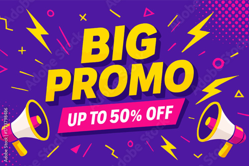 Vibrant big promo advertisement with megaphones and lightning bolts announcing up to 50 percent off sale