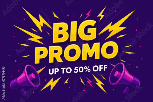Vibrant big promo advertisement with lightning bolts and megaphones announcing up to 50 percent off