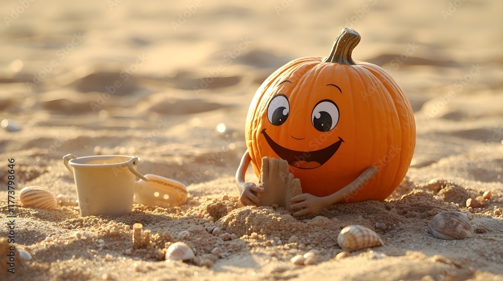 Naklejka premium Playful Pumpkin on Sunny Beach | Sand Fun & Seashells