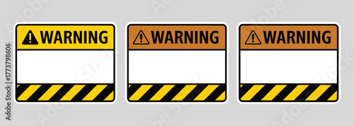 Collection of vector warning signs with blank customizable text fields and black-yellow striped borders, perfect for safety, hazard alerts, and graphic design projects requiring attention