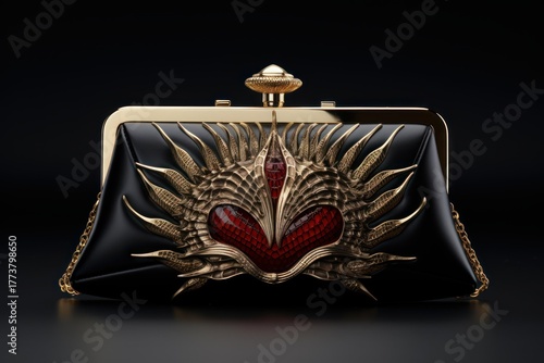 Elegant black clutch bag featuring a golden sun shaped clasp with a red gemstone heart, embodying luxury and sophistication