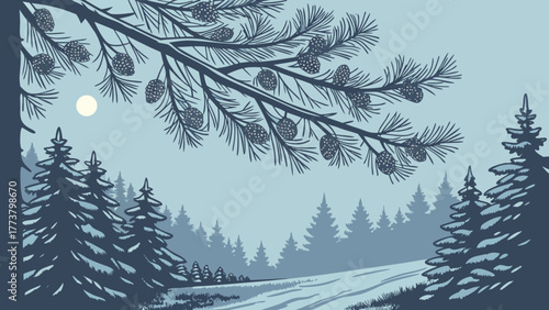 Moonlit Winter Forest Illustration: Serene Coniferous Landscape with Snowy Path and Pinecones at Dusk