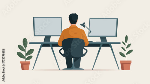 Vector illustration of a person sitting at a desk with a double monitor computer setup. Concept for remote work, freelancing, programming, and creative professions