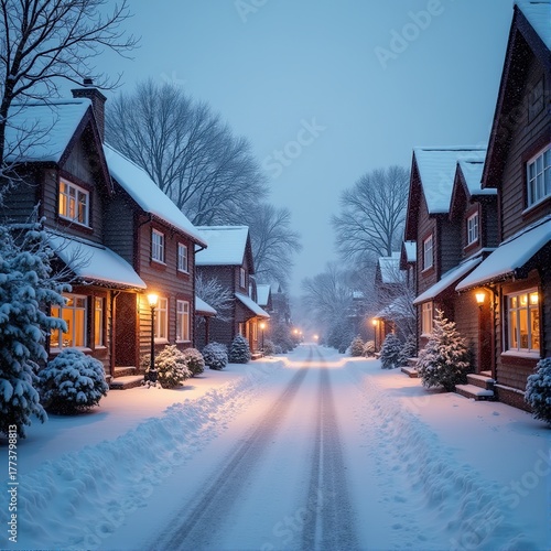 Snowy village street at dusk with warm glowing windows