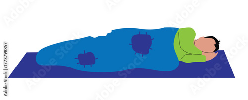 Homeless Man Sleeping Under Torn old Blanket or Sleeping Bag. People and poverty concept vector art