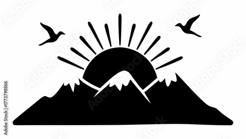 Silhouette of mountains with sun rising and birds flying in the sky creating a nature inspired scene design