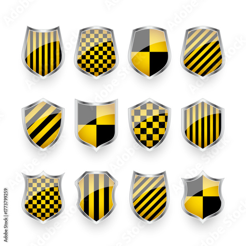 Glossy shields with yellow and black pattern. Security and protection concept. Cyber safety icons, internet privacy, web defense, digital data protection and antivirus themes. Vector illustration