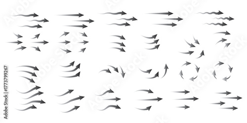 Airflow and ventilation vector set with hot and cold wind, arrows, fans, filters and stream lines. Clean transparent graphics for HVAC, purifier, conditioner or room climate control illustrations.
